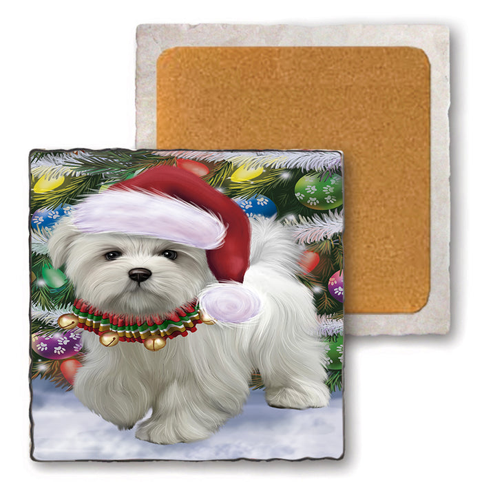 Trotting in the Snow Maltese Dog Set of 4 Natural Stone Marble Tile Coasters MCST50446