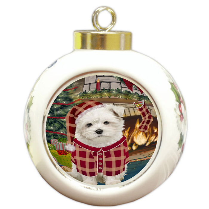 The Stocking was Hung Maltese Dog Round Ball Christmas Ornament RBPOR55718