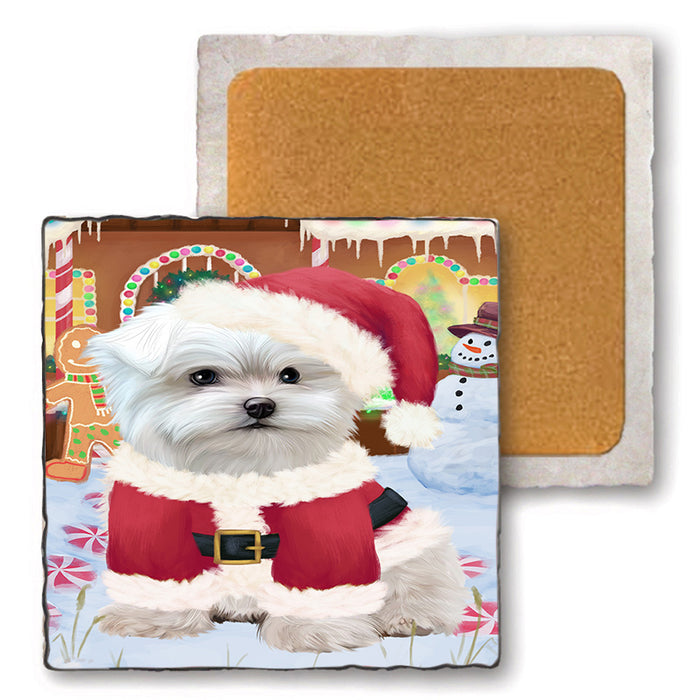 Christmas Gingerbread House Candyfest Maltese Dog Set of 4 Natural Stone Marble Tile Coasters MCST51452
