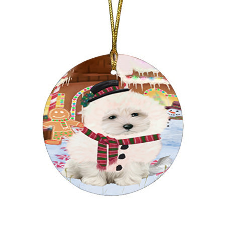 Christmas Gingerbread House Candyfest Maltese Dog Round Flat Christmas Ornament RFPOR56809