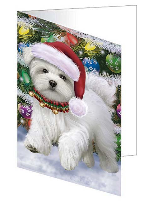 Trotting in the Snow Maltese Dog Handmade Artwork Assorted Pets Greeting Cards and Note Cards with Envelopes for All Occasions and Holiday Seasons GCD70856
