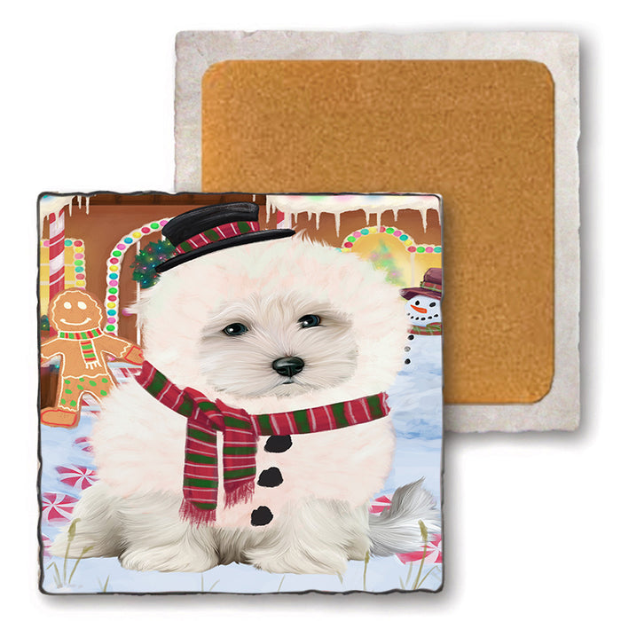 Christmas Gingerbread House Candyfest Maltese Dog Set of 4 Natural Stone Marble Tile Coasters MCST51453