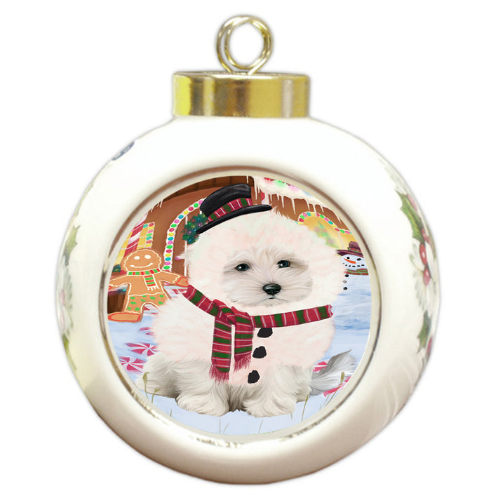 Christmas Gingerbread House Candyfest Maltese Dog Round Ball Christmas Ornament RBPOR56809