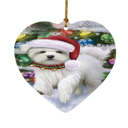 Trotting in the Snow Maltese Dog Heart Christmas Ornament HPOR55803