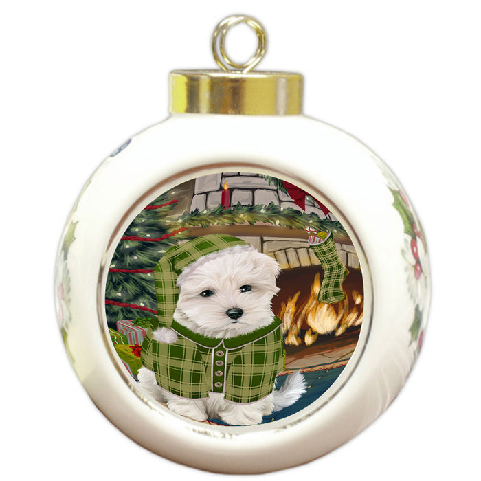 The Stocking was Hung Maltese Dog Round Ball Christmas Ornament RBPOR55719