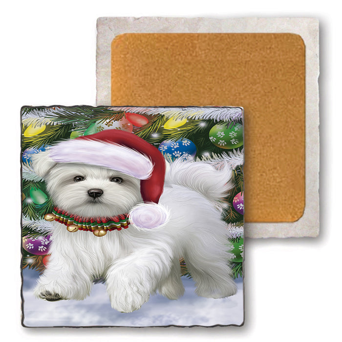 Trotting in the Snow Maltese Dog Set of 4 Natural Stone Marble Tile Coasters MCST50447