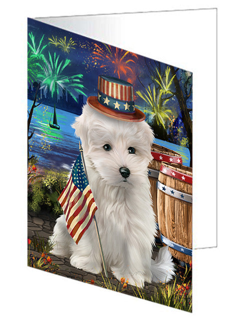 4th of July Independence Day Fireworks Maltese Dog at the Lake Handmade Artwork Assorted Pets Greeting Cards and Note Cards with Envelopes for All Occasions and Holiday Seasons GCD57587