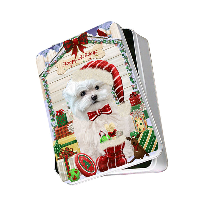 Happy Holidays Christmas Maltese Dog House With Presents Photo Storage Tin PITN52155
