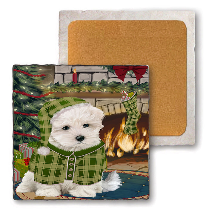 The Stocking was Hung Maltese Dog Set of 4 Natural Stone Marble Tile Coasters MCST50363