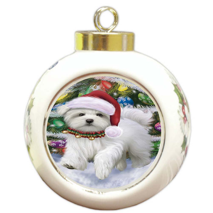 Trotting in the Snow Maltese Dog Round Ball Christmas Ornament RBPOR55803