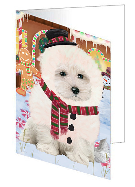 Christmas Gingerbread House Candyfest Maltese Dog Handmade Artwork Assorted Pets Greeting Cards and Note Cards with Envelopes for All Occasions and Holiday Seasons GCD73874