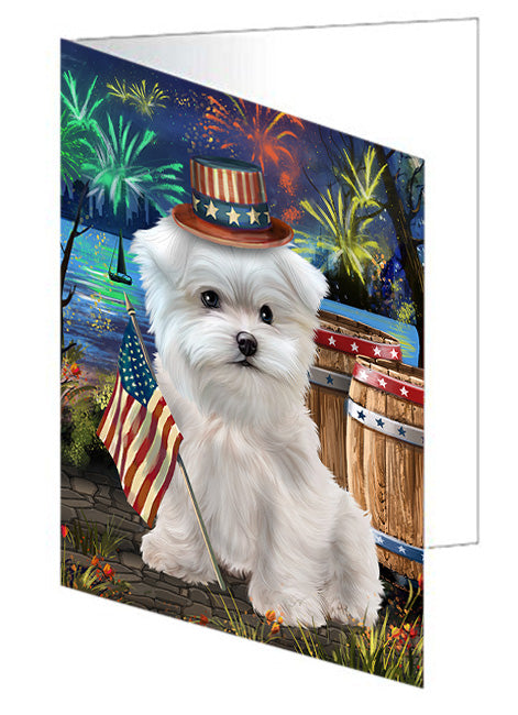 4th of July Independence Day Fireworks Maltese Dog at the Lake Handmade Artwork Assorted Pets Greeting Cards and Note Cards with Envelopes for All Occasions and Holiday Seasons GCD57590