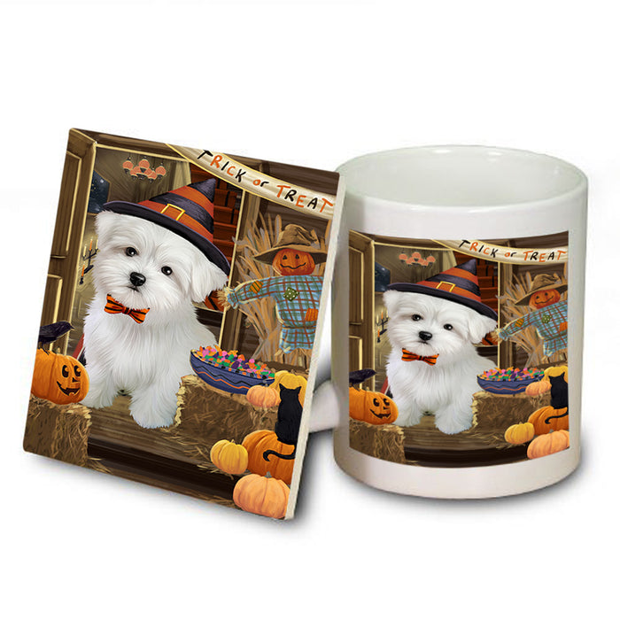 Enter at Own Risk Trick or Treat Halloween Maltese Dog Mug and Coaster Set MUC53185