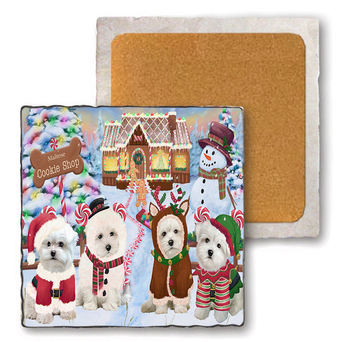 Holiday Gingerbread Cookie Shop Malteses Dog Set of 4 Natural Stone Marble Tile Coasters MCST51503