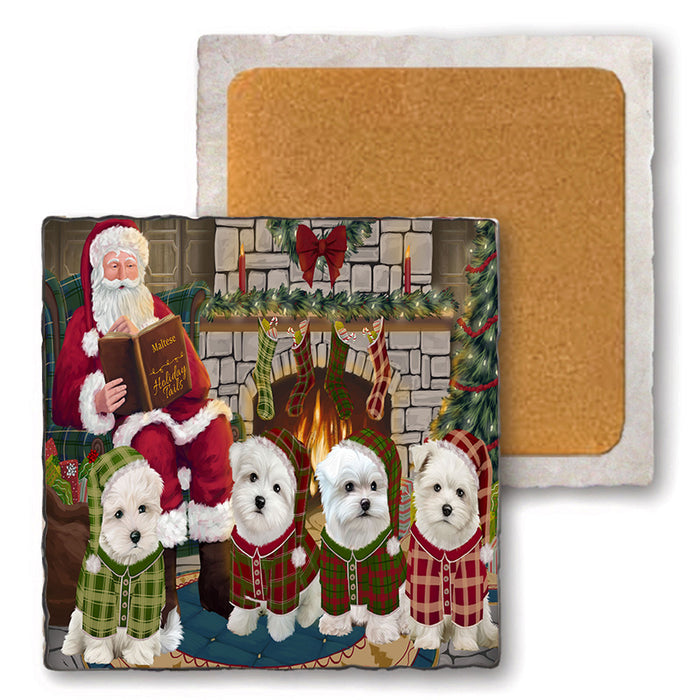 Christmas Cozy Holiday Tails Malteses Dog Set of 4 Natural Stone Marble Tile Coasters MCST50137