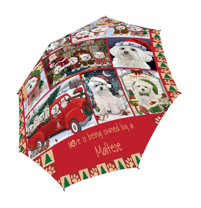 Love is Being Owned Christmas Maltese Dogs Semi-Automatic Foldable Umbrella