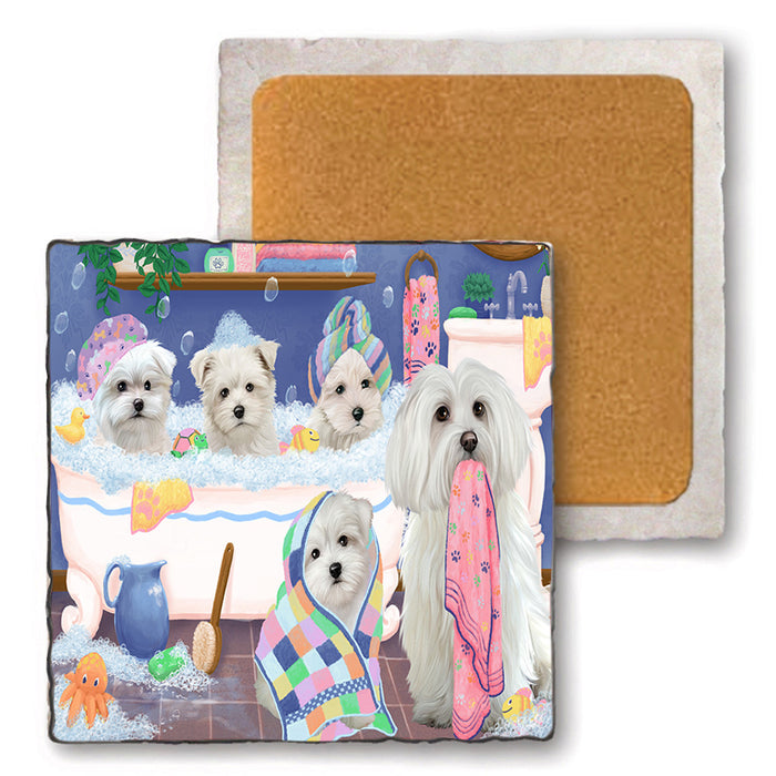Rub A Dub Dogs In A Tub Malteses Dog Set of 4 Natural Stone Marble Tile Coasters MCST51802