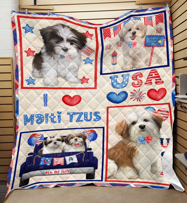 4th of July Independence Day I Love USA Malti Tzu Dogs Quilt Bed Coverlet Bedspread - Pets Comforter Unique One-side Animal Printing - Soft Lightweight Durable Washable Polyester Quilt