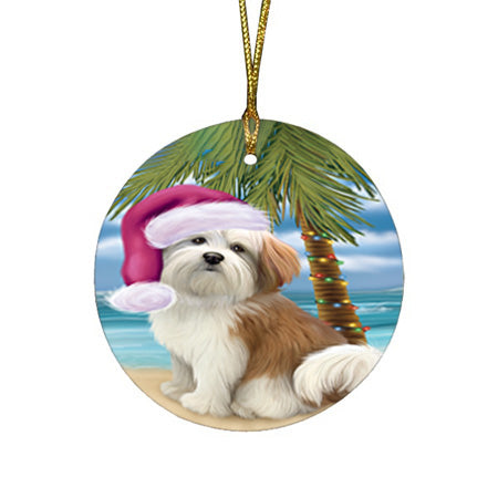 Summertime Happy Holidays Christmas Malti Tzu Dog on Tropical Island Beach Round Flat Christmas Ornament RFPOR54563