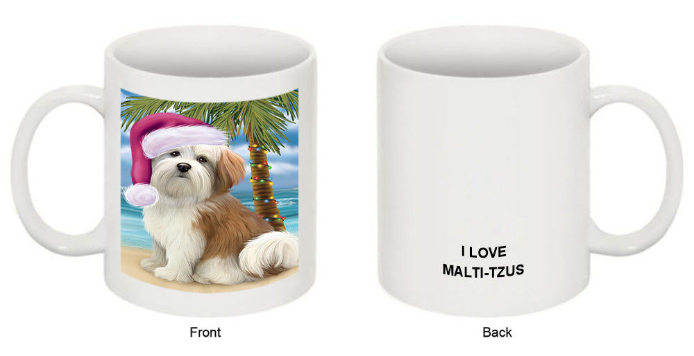 Summertime Happy Holidays Christmas Malti Tzu Dog on Tropical Island Beach Coffee Mug MUG49842