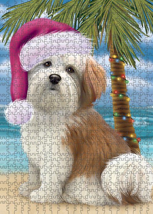 Summertime Happy Holidays Christmas Malti Tzu Dog on Tropical Island Beach Puzzle with Photo Tin PUZL85444