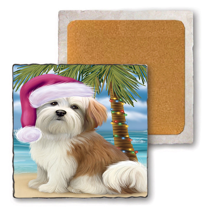 Summertime Happy Holidays Christmas Malti Tzu Dog on Tropical Island Beach Set of 4 Natural Stone Marble Tile Coasters MCST49444