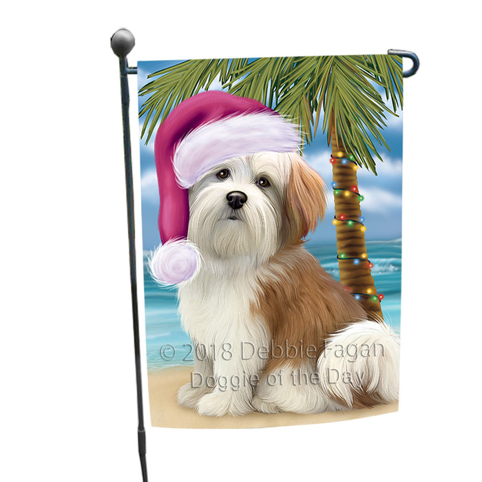 Summertime Happy Holidays Christmas Malti Tzu Dog on Tropical Island Beach Garden Flag GFLG54634