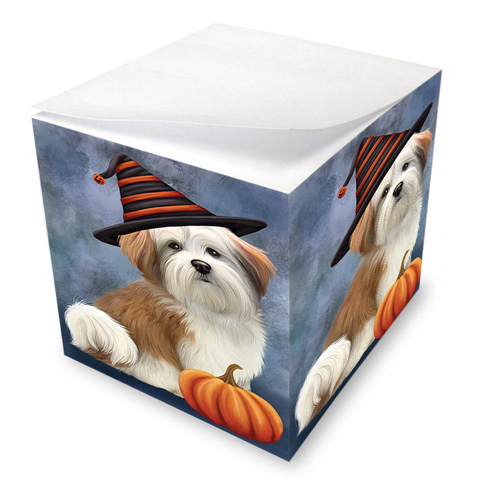 Happy Halloween Malti Tzu Dog Wearing Witch Hat with Pumpkin Note Cube NOC56384