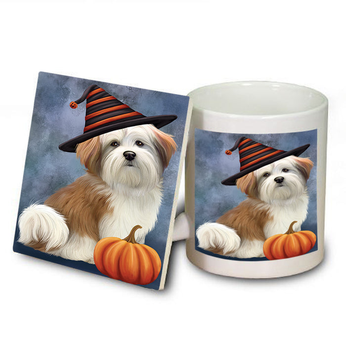 Happy Halloween Malti Tzu Dog Wearing Witch Hat with Pumpkin Mug and Coaster Set MUC54730