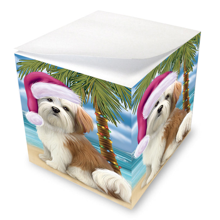 Summertime Happy Holidays Christmas Malti Tzu Dog on Tropical Island Beach Note Cube NOC56090
