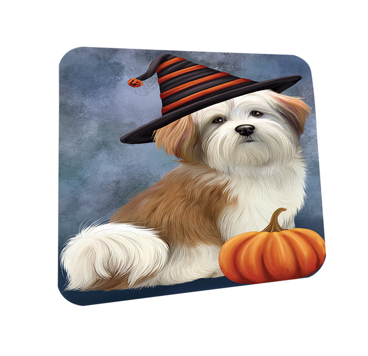 Happy Halloween Malti Tzu Dog Wearing Witch Hat with Pumpkin Coasters Set of 4 CST54696
