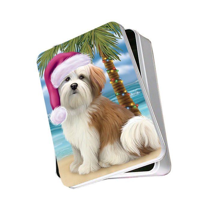 Summertime Happy Holidays Christmas Malti Tzu Dog on Tropical Island Beach Photo Storage Tin PITN54387