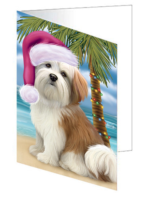 Summertime Happy Holidays Christmas Malti Tzu Dog on Tropical Island Beach Handmade Artwork Assorted Pets Greeting Cards and Note Cards with Envelopes for All Occasions and Holiday Seasons GCD67745