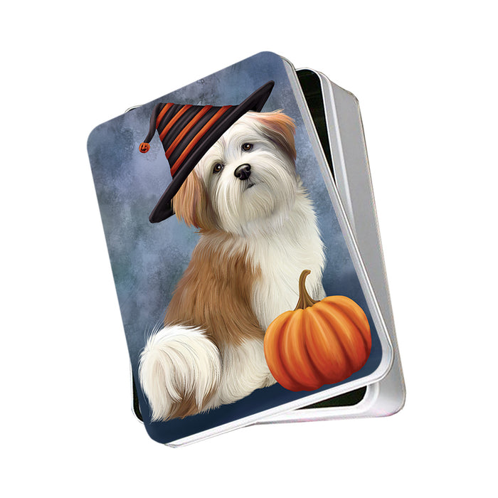 Happy Halloween Malti Tzu Dog Wearing Witch Hat with Pumpkin Photo Storage Tin PITN54681