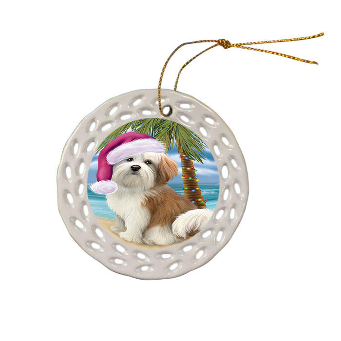 Summertime Happy Holidays Christmas Malti Tzu Dog on Tropical Island Beach Ceramic Doily Ornament DPOR54572