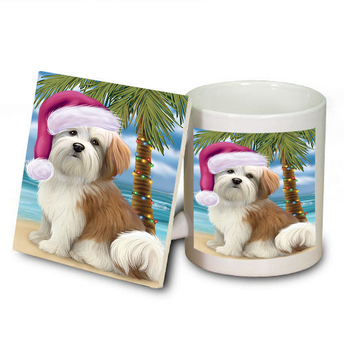Summertime Happy Holidays Christmas Malti Tzu Dog on Tropical Island Beach Mug and Coaster Set MUC54436