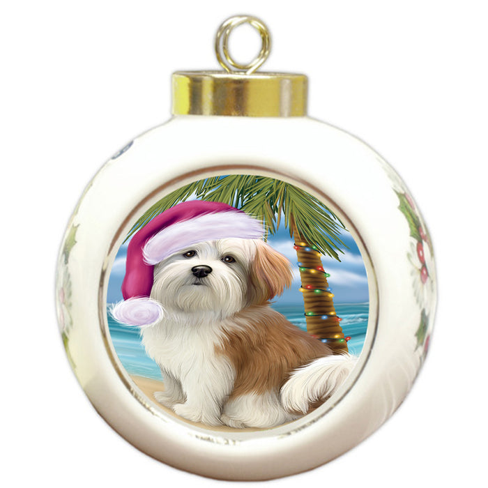 Summertime Happy Holidays Christmas Malti Tzu Dog on Tropical Island Beach Round Ball Christmas Ornament RBPOR54572