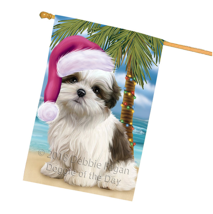 Summertime Happy Holidays Christmas Malti Tzu Dog on Tropical Island Beach House Flag FLG54771