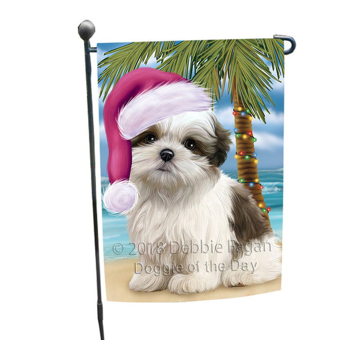Summertime Happy Holidays Christmas Malti Tzu Dog on Tropical Island Beach Garden Flag GFLG54635