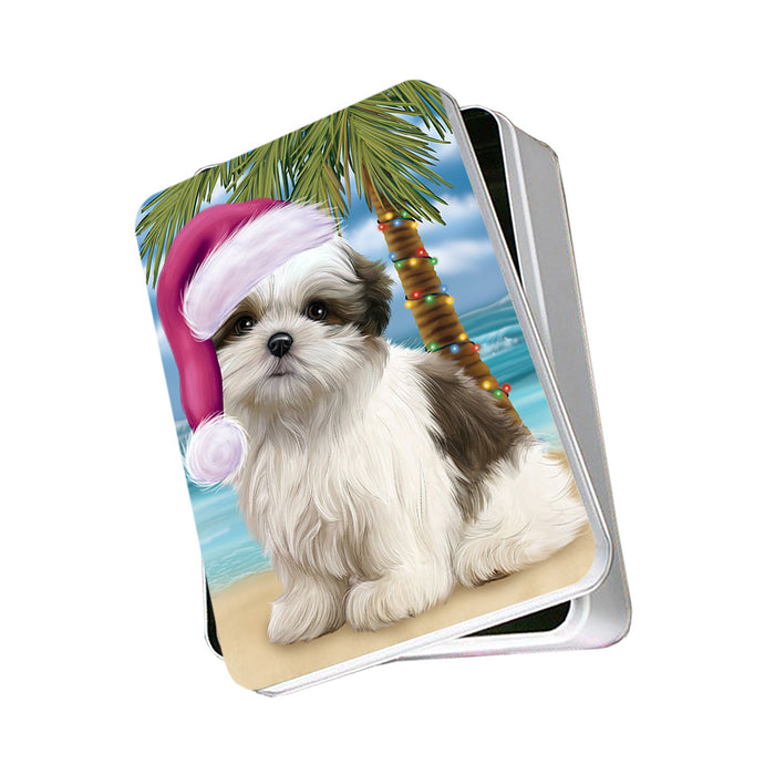 Summertime Happy Holidays Christmas Malti Tzu Dog on Tropical Island Beach Photo Storage Tin PITN54388