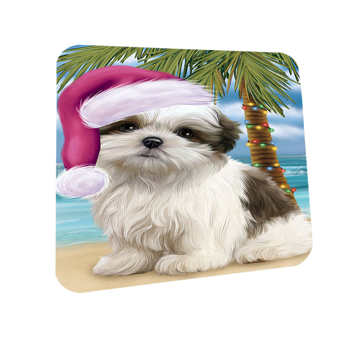 Summertime Happy Holidays Christmas Malti Tzu Dog on Tropical Island Beach Coasters Set of 4 CST54403