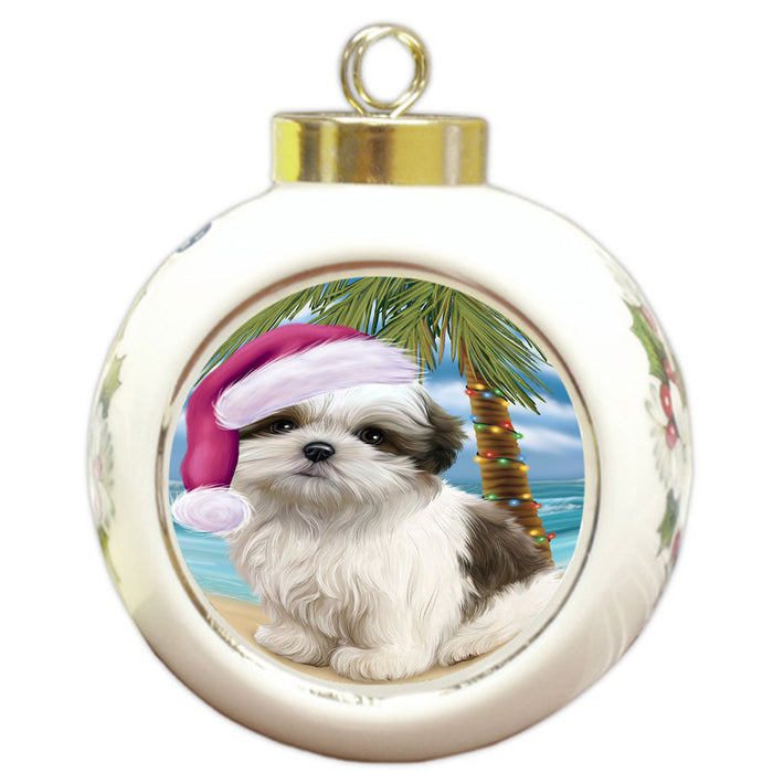 Summertime Happy Holidays Christmas Malti Tzu Dog on Tropical Island Beach Round Ball Christmas Ornament RBPOR54573