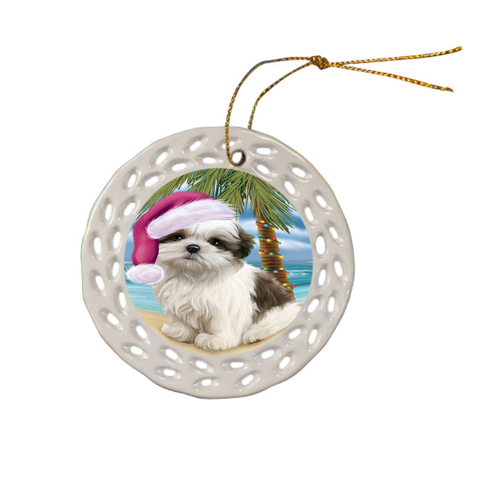 Summertime Happy Holidays Christmas Malti Tzu Dog on Tropical Island Beach Ceramic Doily Ornament DPOR54573