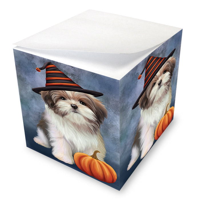 Happy Halloween Malti Tzu Dog Wearing Witch Hat with Pumpkin Note Cube NOC56385