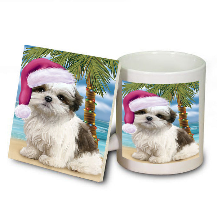 Summertime Happy Holidays Christmas Malti Tzu Dog on Tropical Island Beach Mug and Coaster Set MUC54437