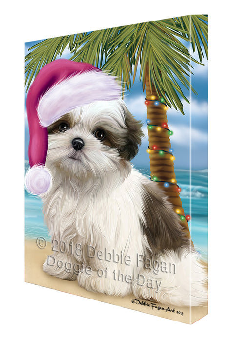 Summertime Happy Holidays Christmas Malti Tzu Dog on Tropical Island Beach Canvas Print Wall Art Décor CVS109007