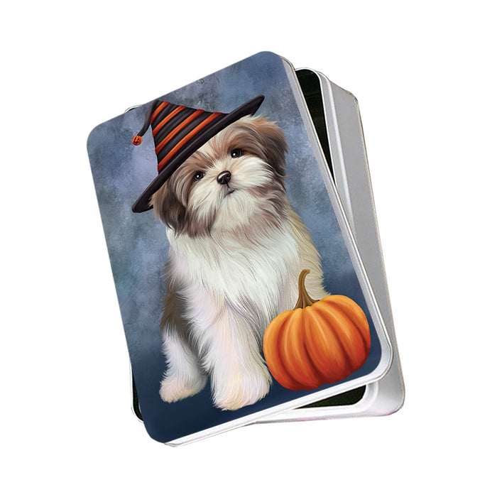 Happy Halloween Malti Tzu Dog Wearing Witch Hat with Pumpkin Photo Storage Tin PITN54682