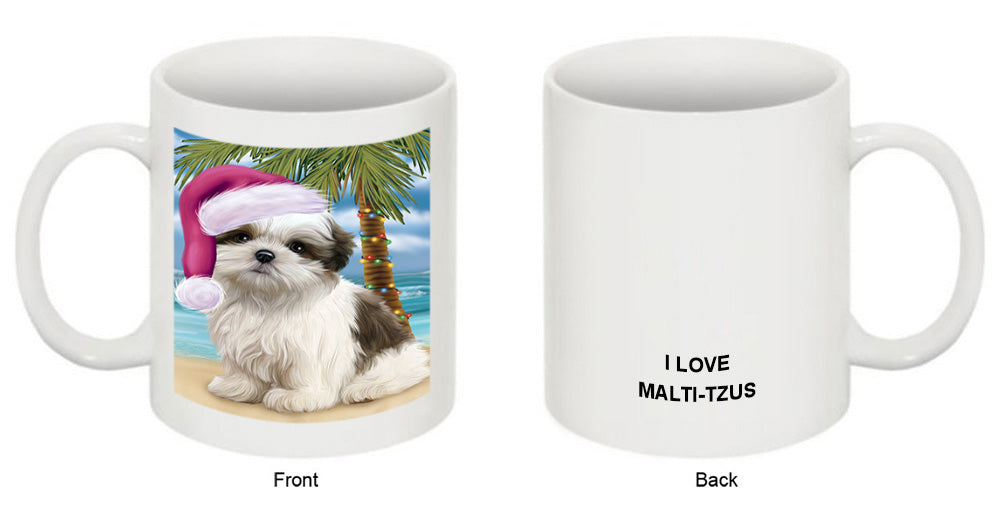 Summertime Happy Holidays Christmas Malti Tzu Dog on Tropical Island Beach Coffee Mug MUG49843
