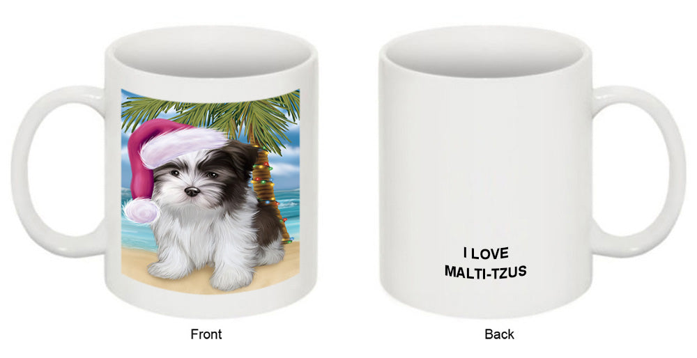 Summertime Happy Holidays Christmas Malti Tzu Dog on Tropical Island Beach Coffee Mug MUG49844