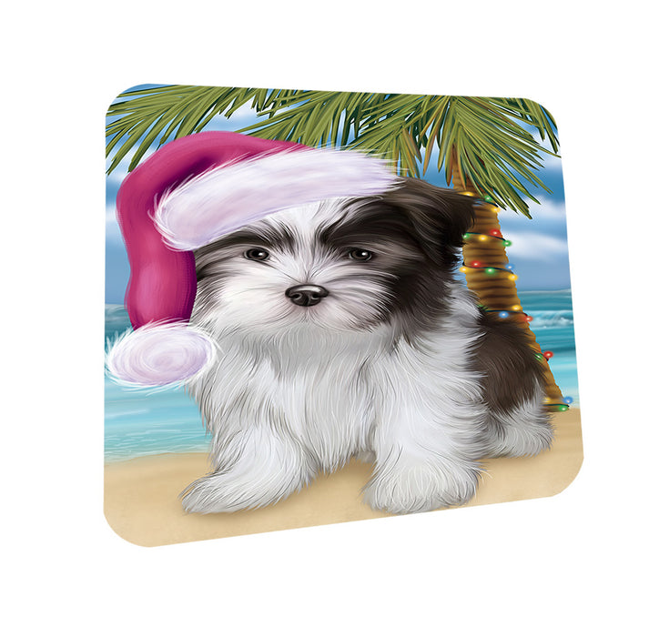Summertime Happy Holidays Christmas Malti Tzu Dog on Tropical Island Beach Coasters Set of 4 CST54404